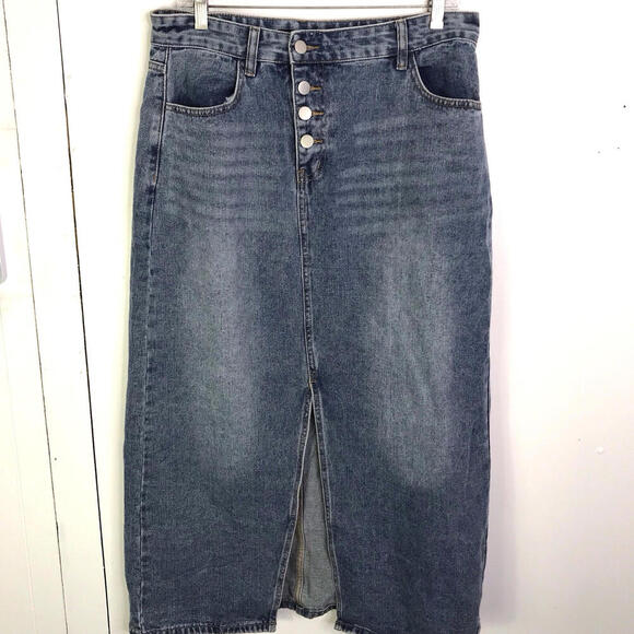 Mikarose Skirt Womens XL Denim Maxi Teacher Country Split Hem Front Button Fly - Picture 1 of 7